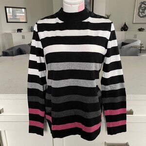 Karl Lagerfeld LS Striped Ribbed Mock Turtleneck Sweater Blk Wht Gry Pink Sz S